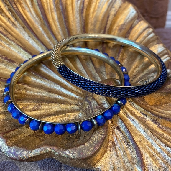 Vintage Brassy Gold & Blue Vintage Boho Luxe Bangles - Picture 4 of 9